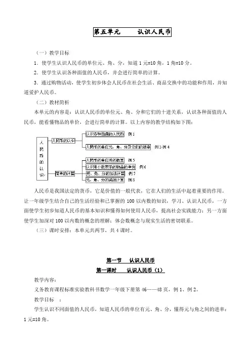 人教版一年级数学下册第五单元《认识人民币》教案