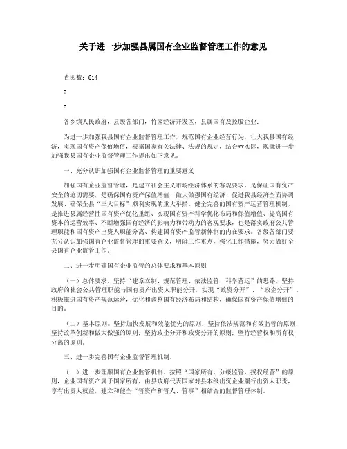关于进一步加强县属国有企业监督管理工作的意见