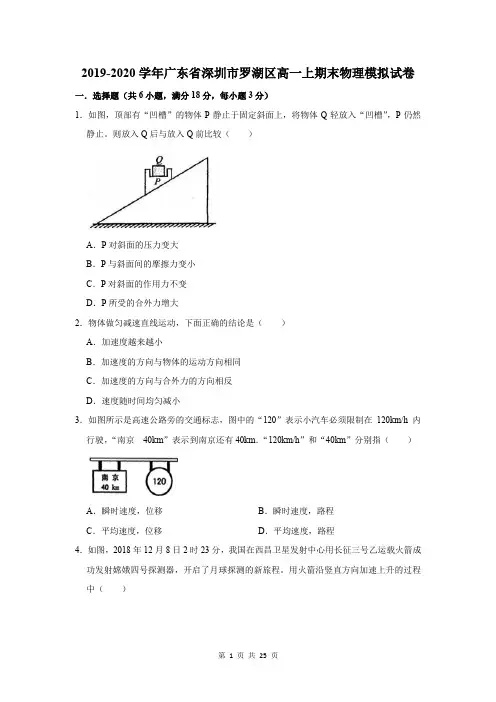 2019-2020学年广东省深圳市罗湖区高一上期末物理模拟试卷及答案解析