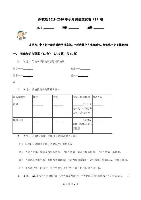 苏教版2019-2020年小升初语文试卷(I)卷
