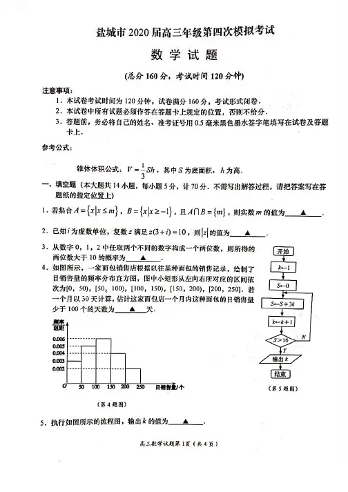 H06-江苏省盐城市2020届高三第四次模拟调研数学试题(PDF含解析)2020.06.10