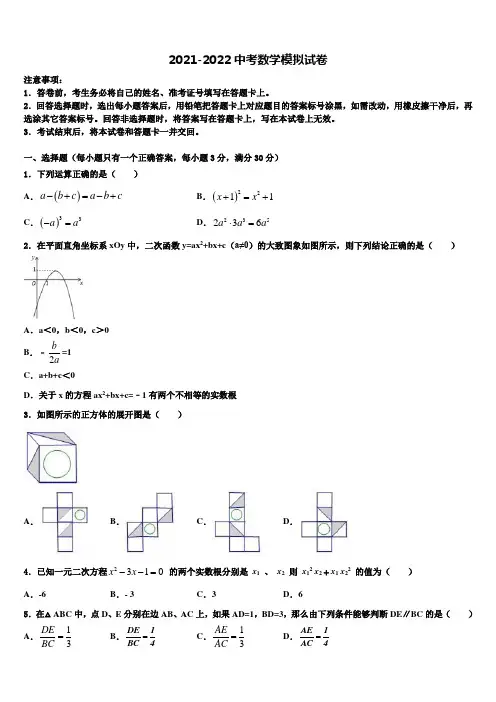 2022届重庆市九龙坡区育才中学中考适应性考试数学试题含解析