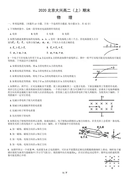 2019-2020学年北京市大兴区高二上学期期末物理试题及答案