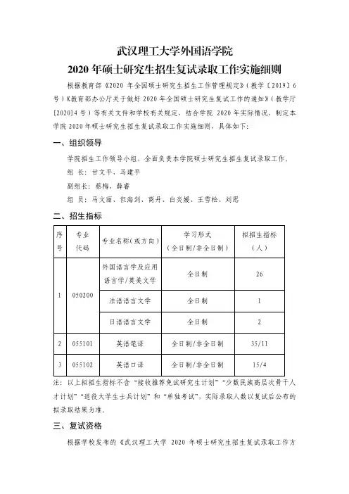 武汉理工大学外国语学院2020年硕士研究生招生复试录取工作实施细则.