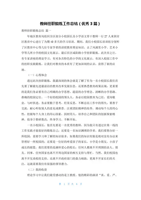 教师挂职锻炼工作总结(优秀3篇)