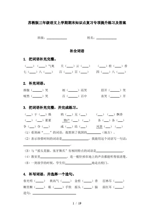 苏教版三年级语文上学期期末知识点复习专项提升练习及答案