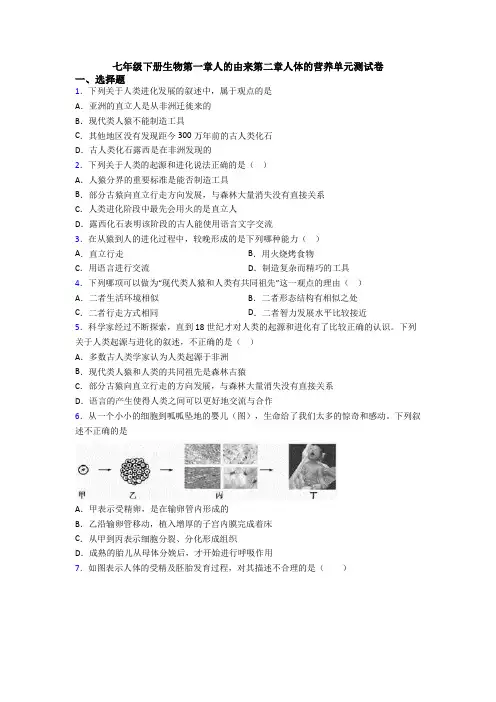 七年级下册生物第一章人的由来第二章人体的营养单元测试卷