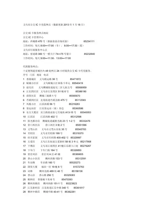 义乌市公交IC卡充值网点(数据更新2013年1月18日)