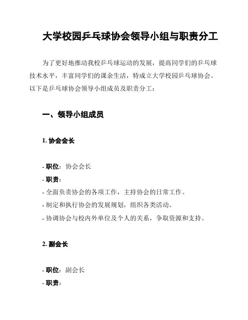 大学校园乒乓球协会领导小组与职责分工