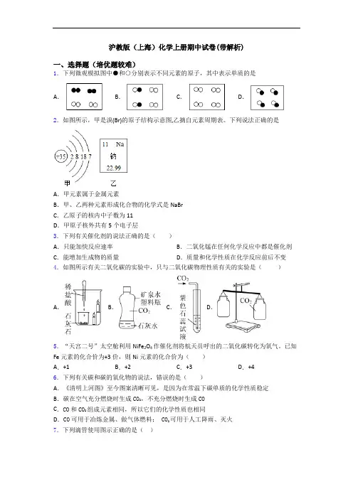 沪教版(上海)初三化学上册期中试卷(带解析)