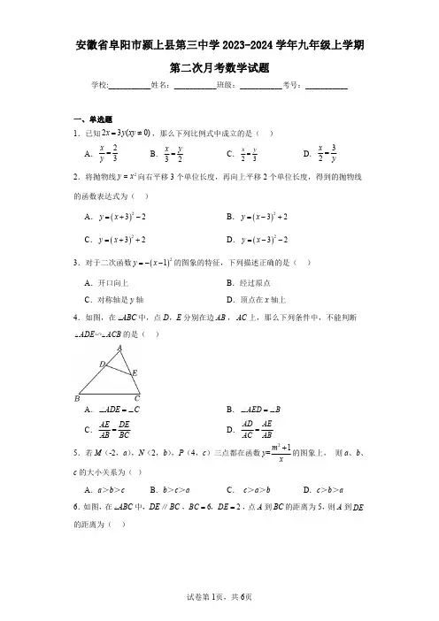 安徽省阜阳市颍上县第三中学2023-2024学年九年级上学期第二次月考数学试题