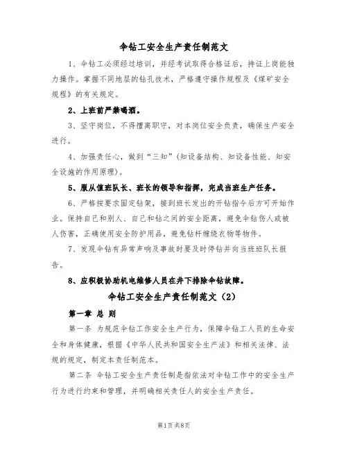 伞钻工安全生产责任制范文（3篇）
