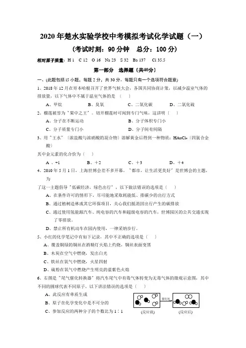 2020年楚水实验学校中考模拟考试化学试题(一)