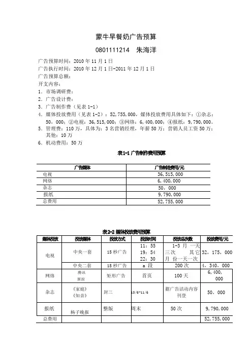 蒙牛早餐奶广告预算