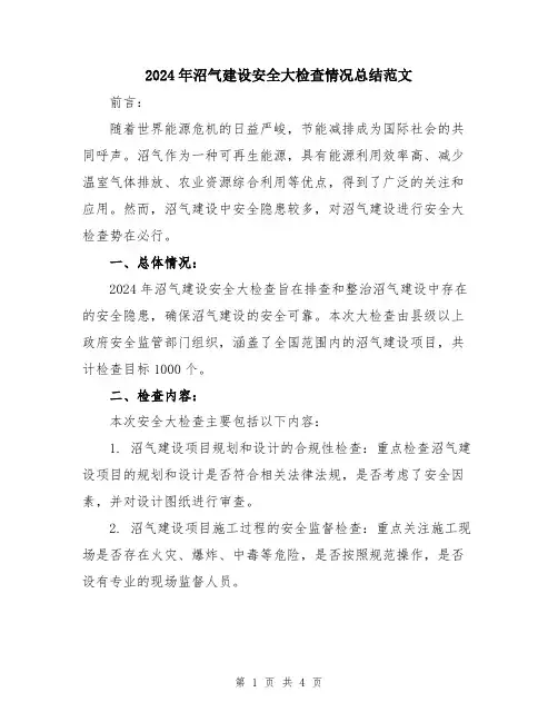 2024年沼气建设安全大检查情况总结范文