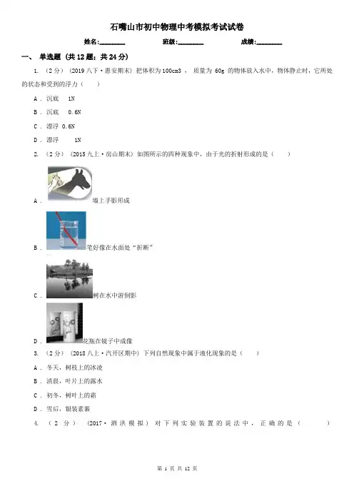 石嘴山市初中物理中考模拟考试试卷