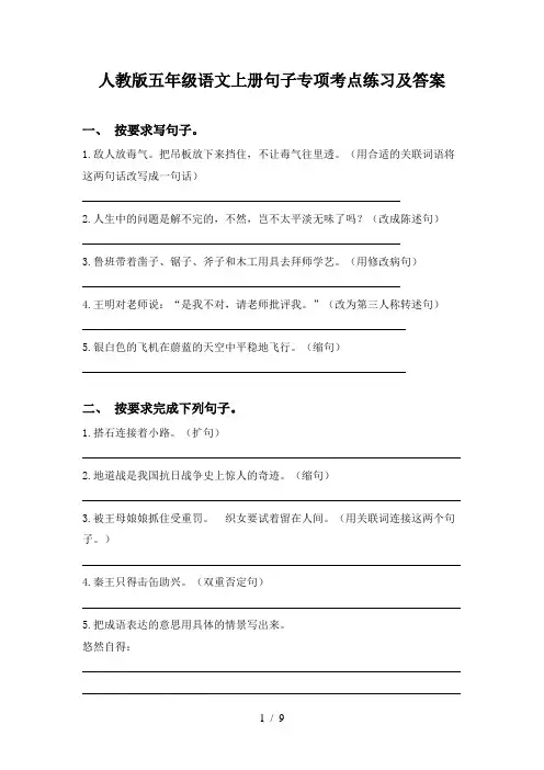 人教版五年级语文上册句子专项考点练习及答案