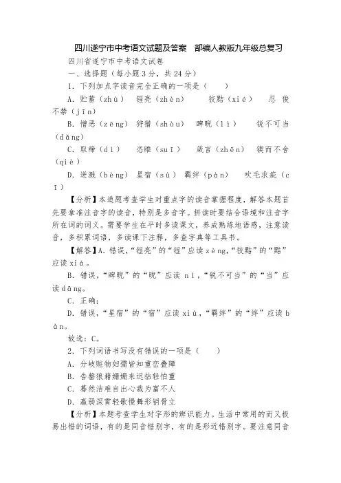 四川遂宁市中考语文试题及答案  部编人教版九年级总复习