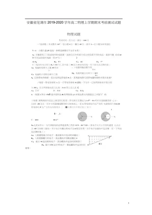 安徽省芜湖市2019-2020学年高二物理上学期期末考前测试试题