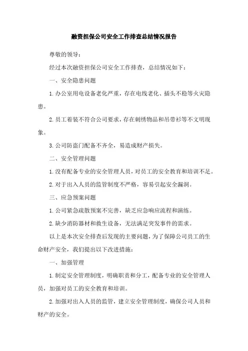 融资担保公司安全工作排查总结情况报告