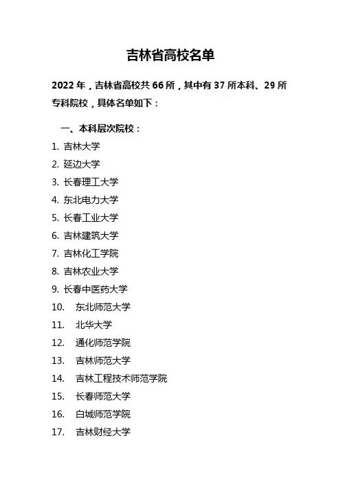 吉林省高校名单(共66所,其中有37所本科、29所专科院校)
