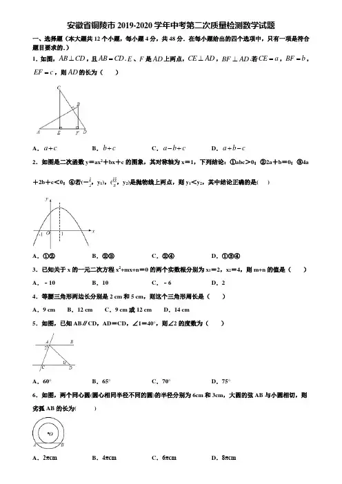 安徽省铜陵市2019-2020学年中考第二次质量检测数学试题含解析
