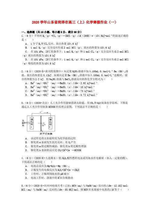 山东省菏泽市2020学年高三化学上学期寒假作业(一)(含解析)