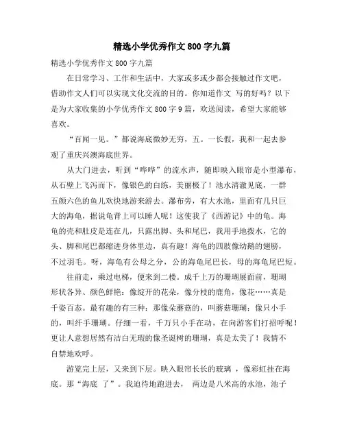 精选小学优秀作文800字九篇