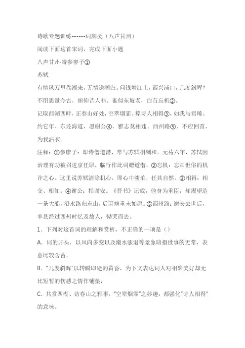 2024届高考语文诗歌专题训练词牌类(八声甘州)(含解析)