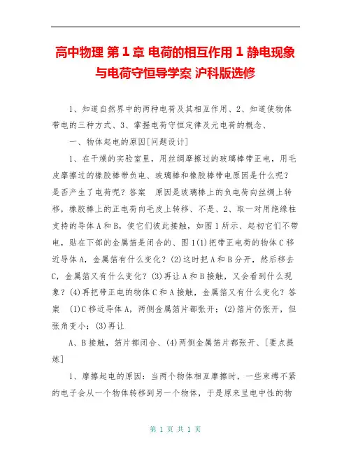 高中物理 第1章 电荷的相互作用 1 静电现象与电荷守恒导学案 沪科版选修