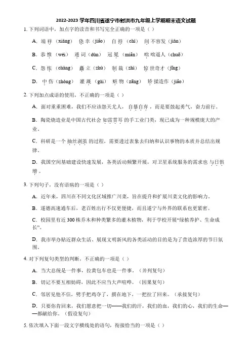 2022-2023学年四川省遂宁市射洪市九年级上学期期末语文试题