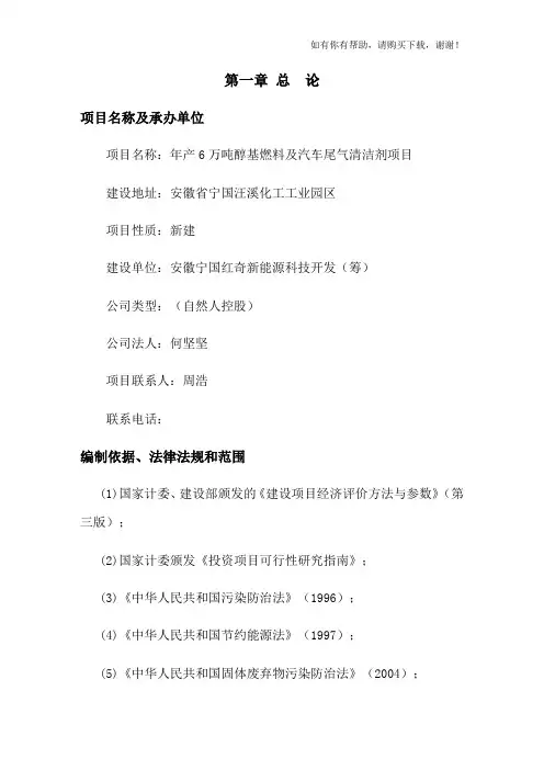 醇基燃料项目可行性研究报告(DOC 75页)