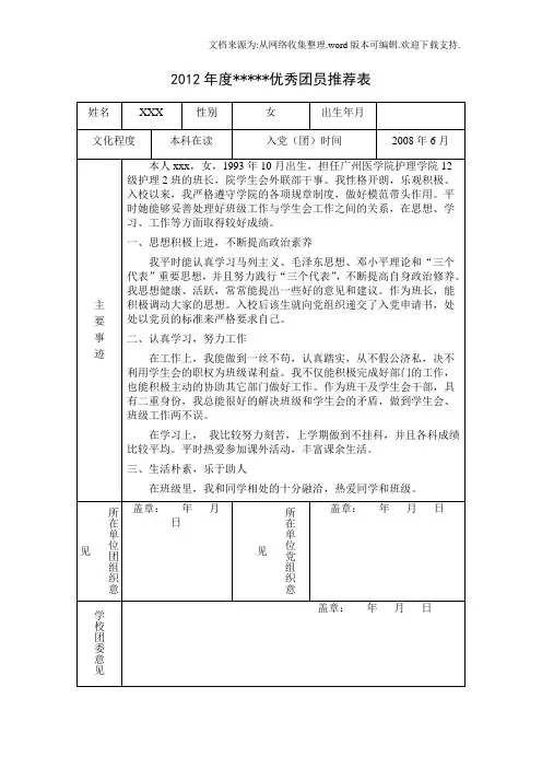 优秀团员推荐表模板