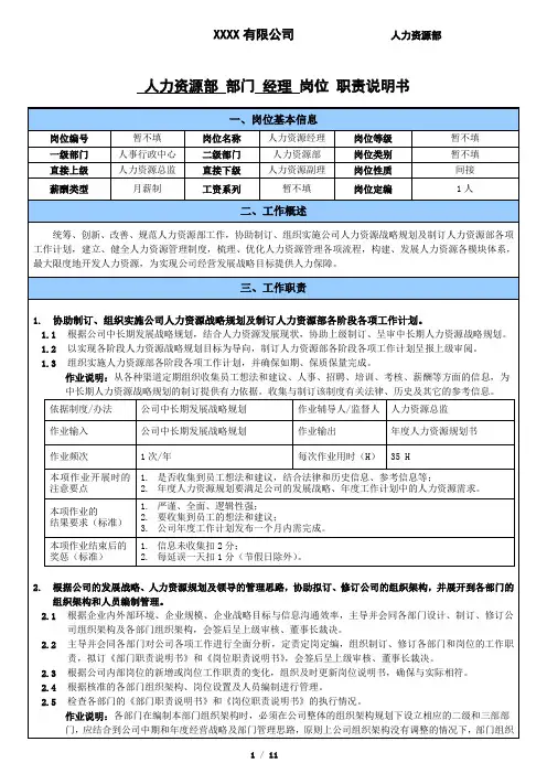 某公司人力资源部经理岗位职责说明书
