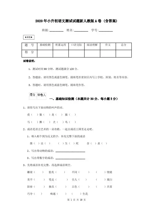 2020年小升初语文测试试题新人教版A卷 (含答案)