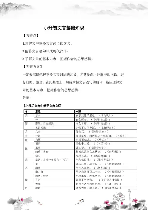 六年级下册语文素材-2020年小升初文言文基础知识  部编版