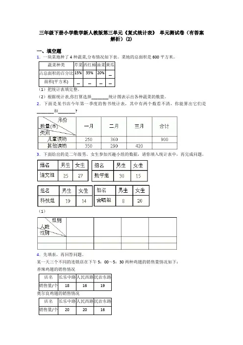 三年级下册小学数学新人教版第三单元《复式统计表》 单元测试卷(有答案解析)(2)