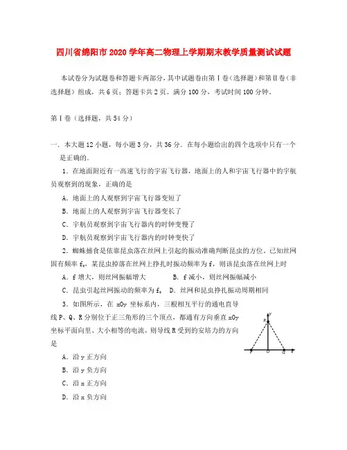 四川省绵阳市2020学年高二物理上学期期末教学质量测试试题
