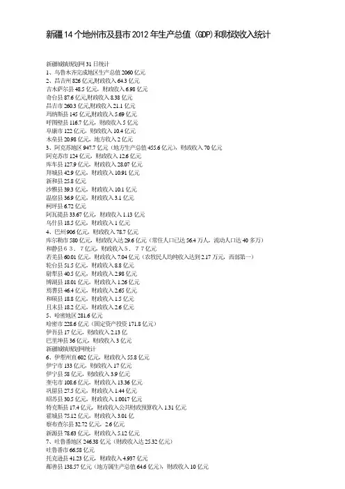 新疆14个地州市及县市2012年生产总值