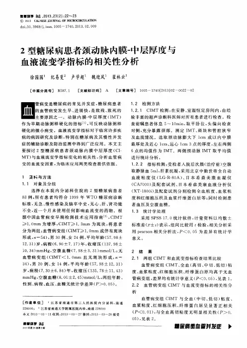 2型糖尿病患者颈动脉内膜-中层厚度与血液流变学指标的相关性分析
