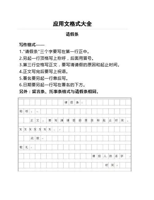 应用文格式大全(请假条+通知+日记+读后感+书信+表扬稿+建议书)