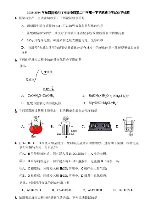2023-2024学年四川省内江市资中县第二中学高一下学期期中考试化学试题
