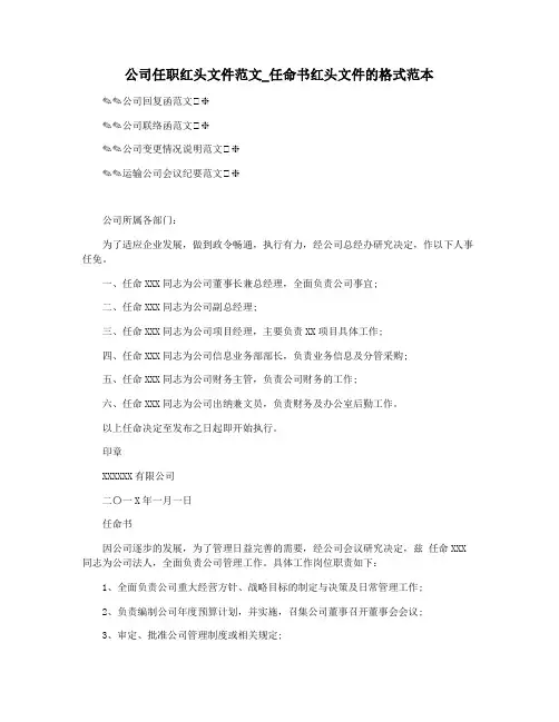公司任职红头文件范文_任命书红头文件的格式范本