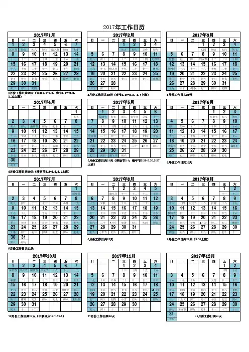 2017年工作日历(含每月工作日天数以及节假日-A4版)