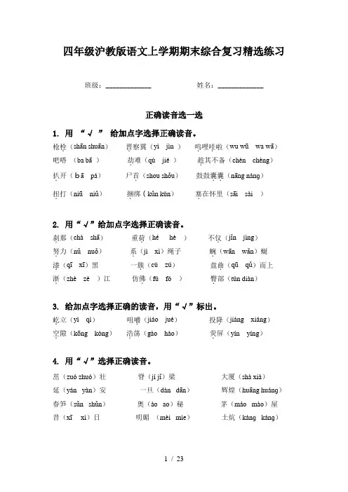 四年级沪教版语文上学期期末综合复习精选练习