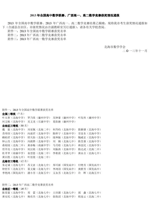 2013年全国高中数学联赛、广西高一、高二数学竞赛获奖情况