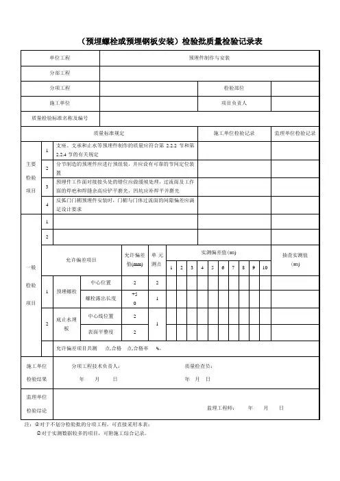 (预埋螺栓或预埋钢板安装)检验批质量检验记录表