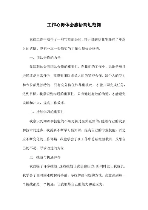 工作心得体会感悟简短范例