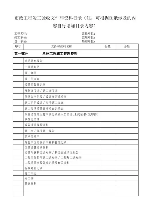 最新市政工程竣工资料目录(2021年)