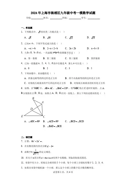 2024年上海市杨浦区九年级中考一模数学试题